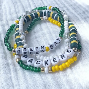 Green Bay Packers Beaded Bracelet Set | Stretch Bracelets | Vinyl Bead Bracelets | Stackable | Bracelet Stack | Sports Bracelets
