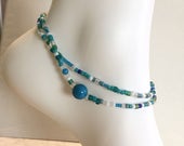 Turquoise Jade Stretch 2x Wrap Anklet, Stackable, Layering Accessory, Summer Spring Jewelry, Boho Bohemian, Beach, Green Royal White