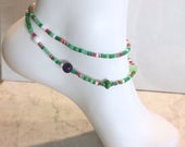 Amethyst, Moonstone, Howlite Stretch 2x Wrap Anklet, Layering, Summer Spring Jewelry, Boho Bohemian, Beach, Purple, Green, Pink, Rose Gold