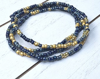Lapis Blue Picasso Beaded Bracelet Set | Stretch Bracelets | Tiny Bead Bracelets | Stackable | Layer | Small Bead Bracelet