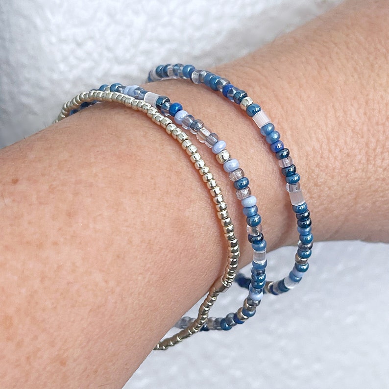 Dazzling Denim Beaded Bracelet Set Stretch Bracelets Tiny Bead Bracelets Stackable Layer Small Bead Bracelet image 9