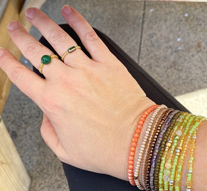 Stackable Bead Ring Layering Rings Dainty Stretch Ring Emerald Jade Individual Stretch Ring