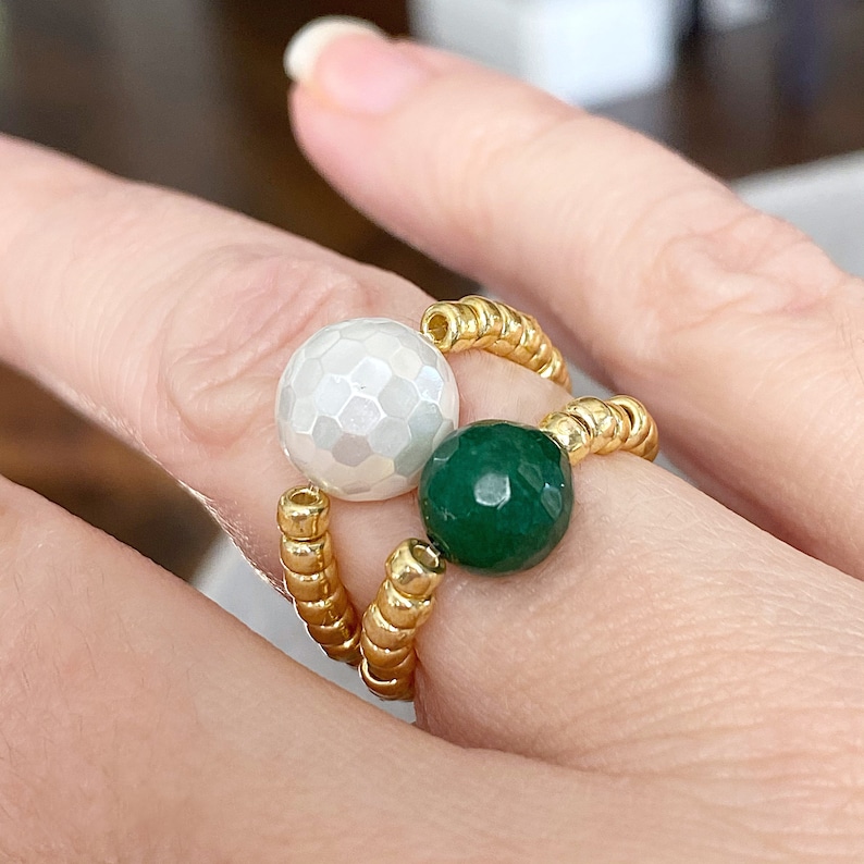 Stackable Bead Ring Layering Rings Dainty Stretch Ring Emerald Jade Individual Stretch Ring