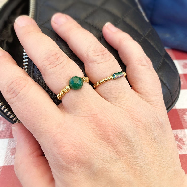 Emerald Gold Stretch Ring Stackable Bead Rings Dainty Etsy