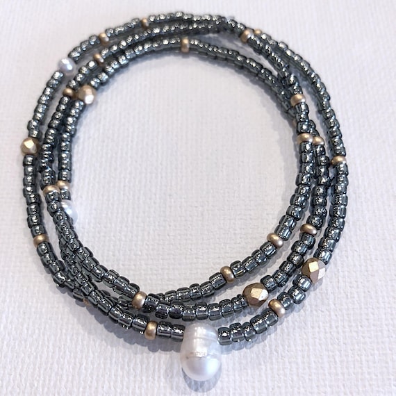 Gunmetal Pearl 3x Beaded Stretch Wrap Bracelet Necklace | Etsy