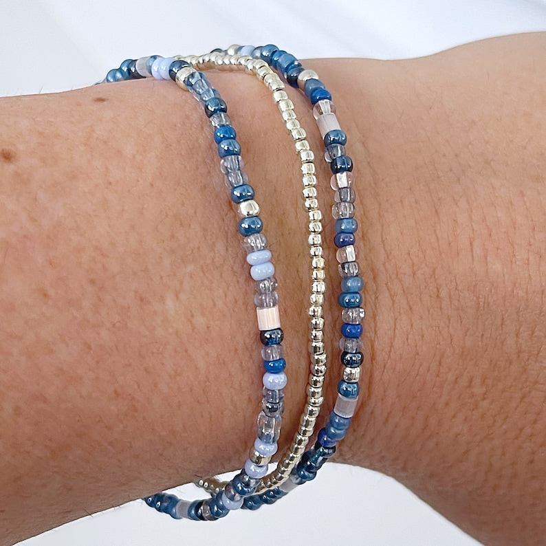 Dazzling Denim Beaded Bracelet Set Stretch Bracelets Tiny Bead Bracelets Stackable Layer Small Bead Bracelet image 4