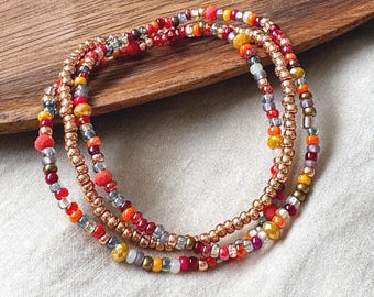 Autumn Spice Beaded Bracelet Set: Copper & Crystal Stretch Bracelets