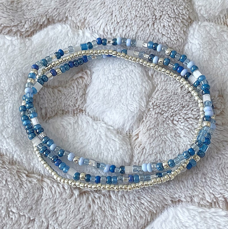 Dazzling Denim Beaded Bracelet Set Stretch Bracelets Tiny Bead Bracelets Stackable Layer Small Bead Bracelet image 1