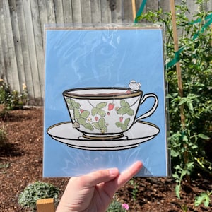 Piping Hot Tea | Fairy print, tea print, cozy print, goblincore print, cottagecore print, kitchen print, picnic, bug, pixie, cute print