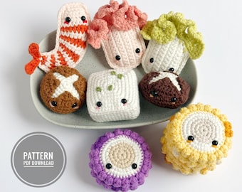 Patrón de crochet para 5 mini bocadillos: Ingredientes para olla caliente (PDF digital) / Amigurumi de comida