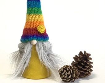 Girl Gnome Decoration, Upcycled Wool Rainbow Sweater, Handmade in USA, Scandinavian Style