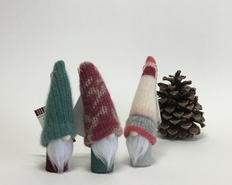 Mini-Gnome Decoration, upcycled felted wool sweater and wool blend felt (MS G1-G3)