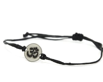 Stainless Steel YOGA JEWELRY OM Charm on Double Black String Adjustable Bracelet for Men and Women - Waterproof, Hypoallergenic Jewelry