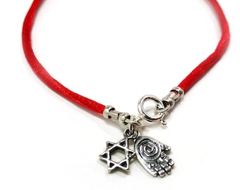 7'' Sterling Silver Star of David Bracelet with Hamsa Hand Charm on Red String Bracelet - GIFT for Bat Mitzvah, Gift for Bar Mitzvah