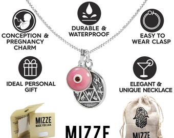Pregnancy Conception & Evil Eye Charm Necklace, Silver Coin Pendant on 20 Inch Box Chain with Pink Evil Eye Charm