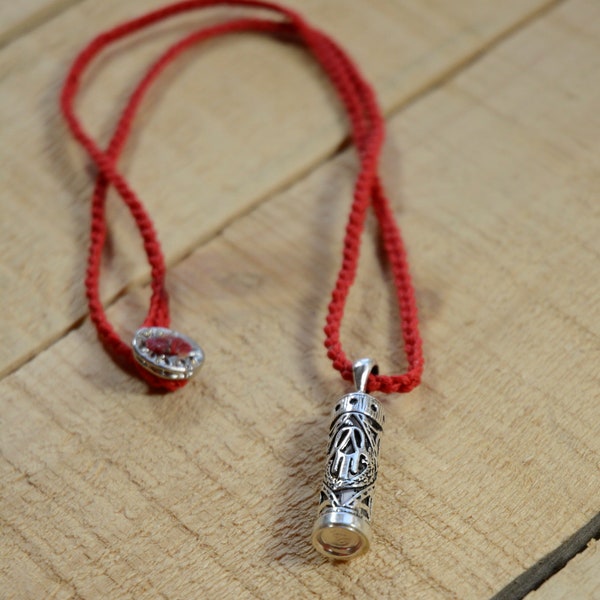 Mezuzah Pendant on Red Hand Knitted Necklace