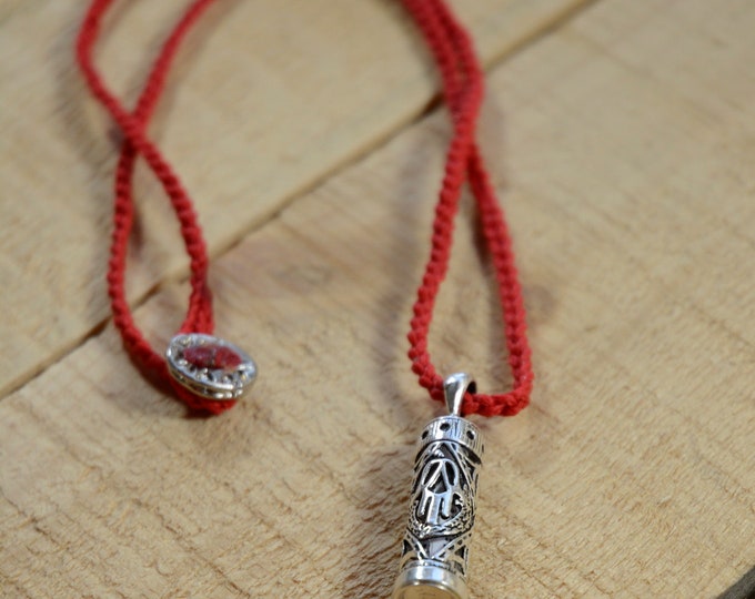 Mezuzah Pendant on Red Hand Knitted Necklace