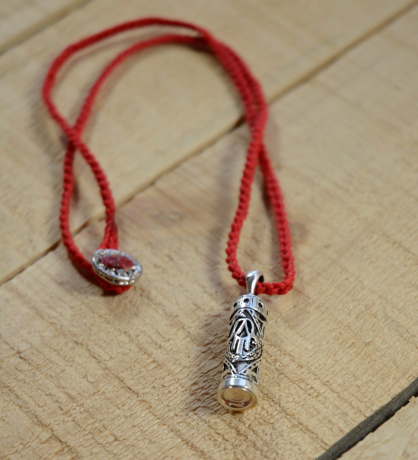Mezuzah Pendant on Red Hand Knitted Necklace