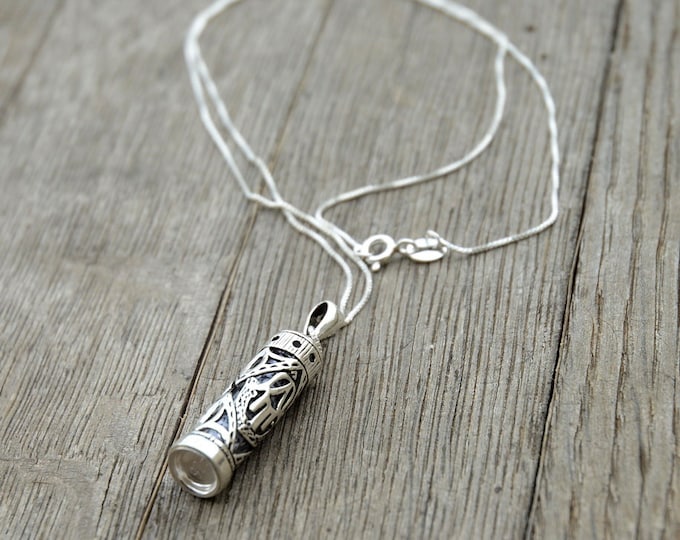 Unisex Sterling Silver Necklace and Mezuzah Case Pendant With Hamsa Design