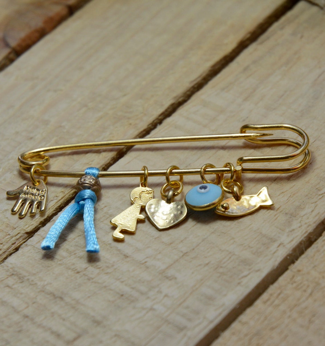 Baby Boy Brooch Pin with Protection Charms Golden Plated Etsy