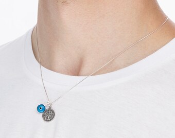 Winning  Winners Sterling Silver Coin Charm Necklace - 20" Box Chain with Blue Evil Eye Protection Charm - Jewelry for Men & Women