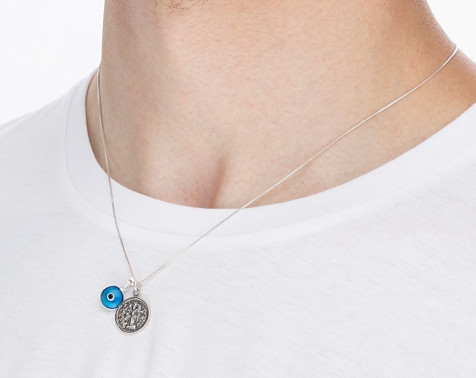 Winning  Winners Sterling Silver Coin Charm Necklace - 20" Box Chain with Blue Evil Eye Protection Charm - Jewelry for Men & Women