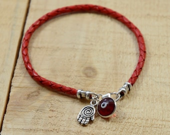 Red Braided Leather Hamsa Charm Bracelet with Red Evil Eye Charm for Men and Women