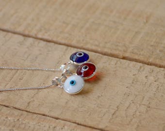 Sterling Silver Blue, White & Red Evil Eye Necklace with 3 Evil Eyes Protection Charms on 925 Sterling Silver 19 Inch Box Chain