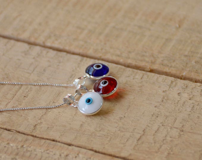 Sterling Silver Blue, White & Red Evil Eye Necklace with 3 Evil Eyes Protection Charms on 925 Sterling Silver 19 Inch Box Chain