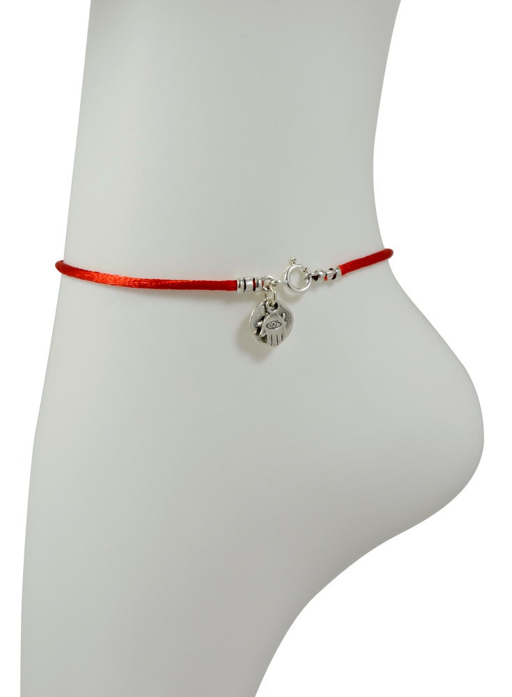 Red Protection & Positive Energy Anklet for Women on Silk String - Sterling Silver Coin Charm & Hamsa Hand Ankle Bracelet for Protection - 9.5