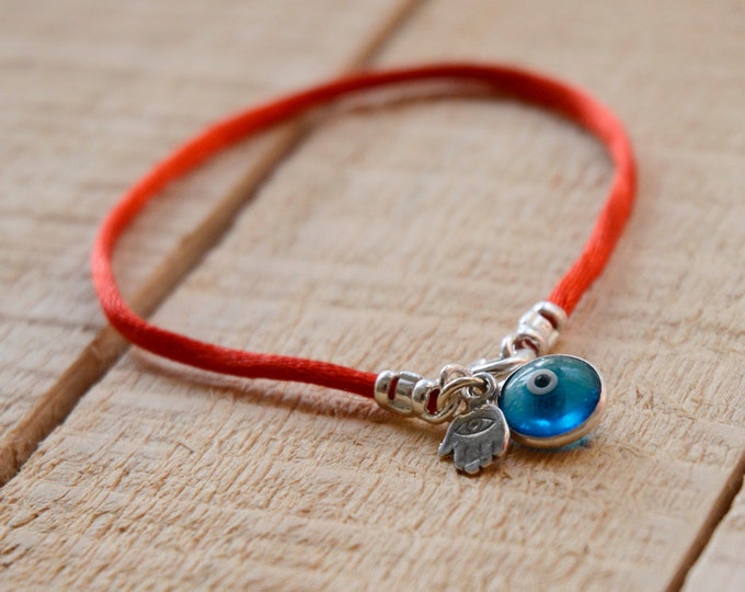 Sterling Silver Evil Eye and Hamsa Hand for Protection Bracelet on Red Silk String for Men & Women