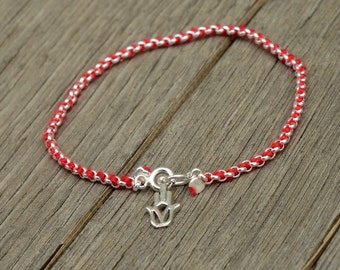 Sterling Silver Hamsa Charm Bracelet on Link Chain with Red String Against Evil Eye