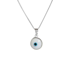 Sterling Silver White Evil Eye Necklace with Evil Eye Protection Charm on 925 Sterling Silver 19 Inch Box Chain image 2