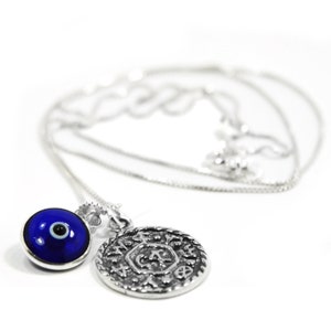 Wealth and Prosperity Necklace with Livelihood Solomon Seal & Evil Eye Charm in 925 Sterling Silver