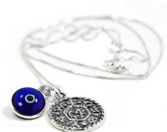 Wealth and Prosperity Necklace with Livelihood Solomon Seal & Evil Eye Charm in 925 Sterling Silver