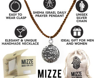 Shema Israel Prayer in Sterling Silver on Knitted Brown Cotton Necklace Gift for Men, Gift for Bar Mitzvah & Bat Mitzvah - Made in Israel