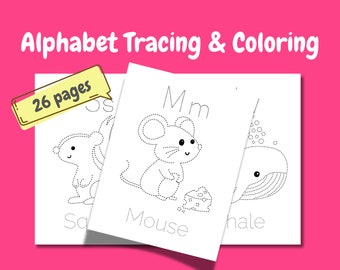Alphabet Tracing and Coloring Worksheets: Kids Printable Activities (Digital Download)
