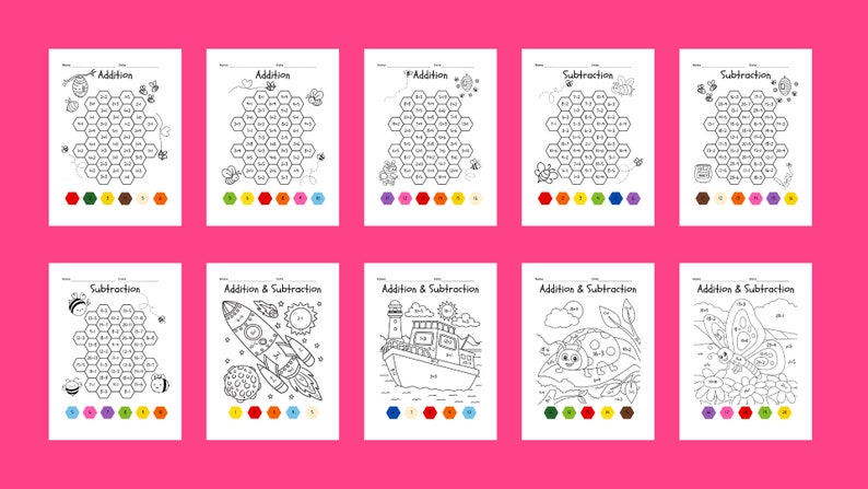 Addition & Subtraction Coloring Worksheets: Preschool Kindergarten Math ...