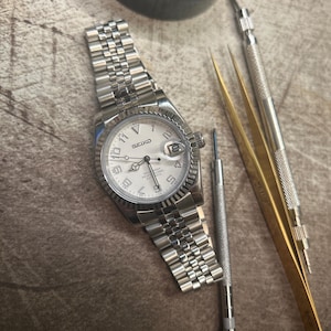 NH35 Mod Seiko - 36mm Oyster Fluted Bezel Case - Jubilee Bracelet - Alpine White Dial - BWG9 Lume - Ships from Canada