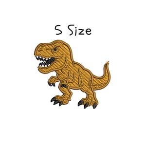May include: Embroidered patch of a Tyrannosaurus Rex dinosaur in shades of gold and black. The dinosaur is depicted with its mouth open, teeth visible, and the text "S Size" above it.