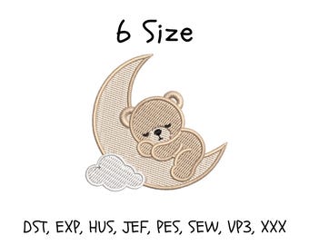 May include: An embroidery design featuring a light brown bear sleeping on a crescent moon with a white cloud. The text 6 Size appears at the top, and the text DST, EXP, HUS, JEF, PES, SEW, VP3, XXX is displayed at the bottom of the image.