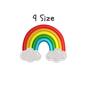 May include: Embroidered rainbow patch with red, orange, yellow, green, and blue arches. Two white, fluffy clouds are at the base of the rainbow. The text "9 Size" is written above the rainbow in black.