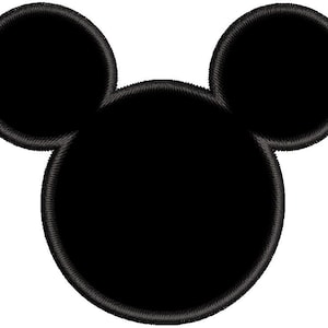 May include: Black and white silhouette of Mickey Mouse's head with large, round ears.