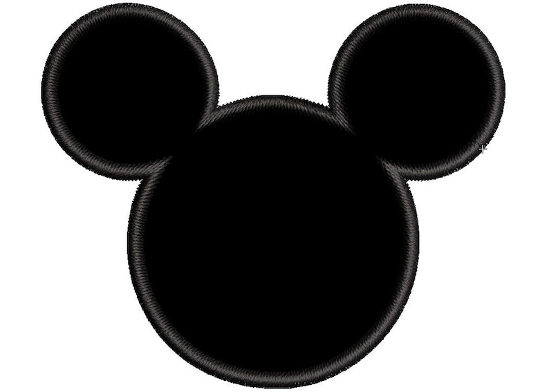 May include: Black and white silhouette of Mickey Mouse's head with large, round ears.