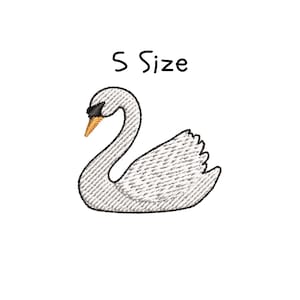May include: Embroidered patch of a white swan with a black eye and an orange beak. The swan is in a curved pose, with the text "S Size" above it in black.