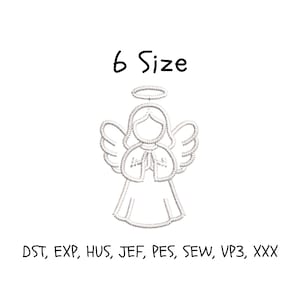 May include: A white line drawing of an angel with a halo, wings, and a dress. The text "6 Size" is above the angel. Below the angel are the letters "DST, EXP, HUS, JEF, PES, SEW, VP3, XXX".
