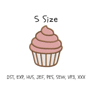 May include: An embroidered cupcake design with pink icing and a brown cupcake case. The text "S Size" is above the cupcake, and embroidery file formats are listed below.