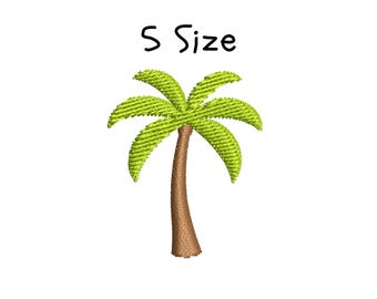 May include: An embroidered palm tree design with a brown trunk and green fronds. The text "S Size" is above the palm tree. The design is on a white background.