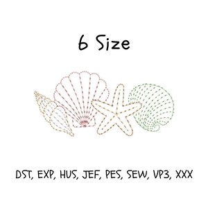 May include: An embroidery design featuring a spiral shell, a fan-shaped shell, a starfish, and a textured round shell. The text 6 Size appears at the top, and the text DST, EXP, HUS, JEF, PES, SEW, VP3, XXX is printed at the bottom.