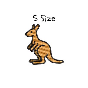 May include: Embroidered patch of a kangaroo in shades of brown and black, with the text "S Size" above it in black, all on a white background. The kangaroo is in a standing pose.